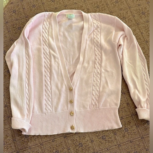 YARNWORKS Pink Knit Half Button Cotton Cardigan Sweater W/ Retro Gold Buttons L - Picture 5 of 7